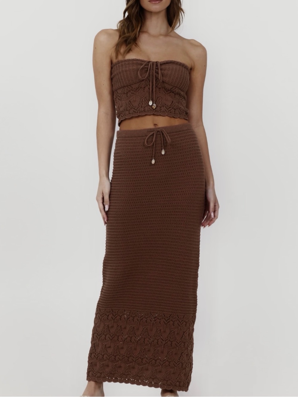 Crochet Drawstring Maxi Skirt in Brown